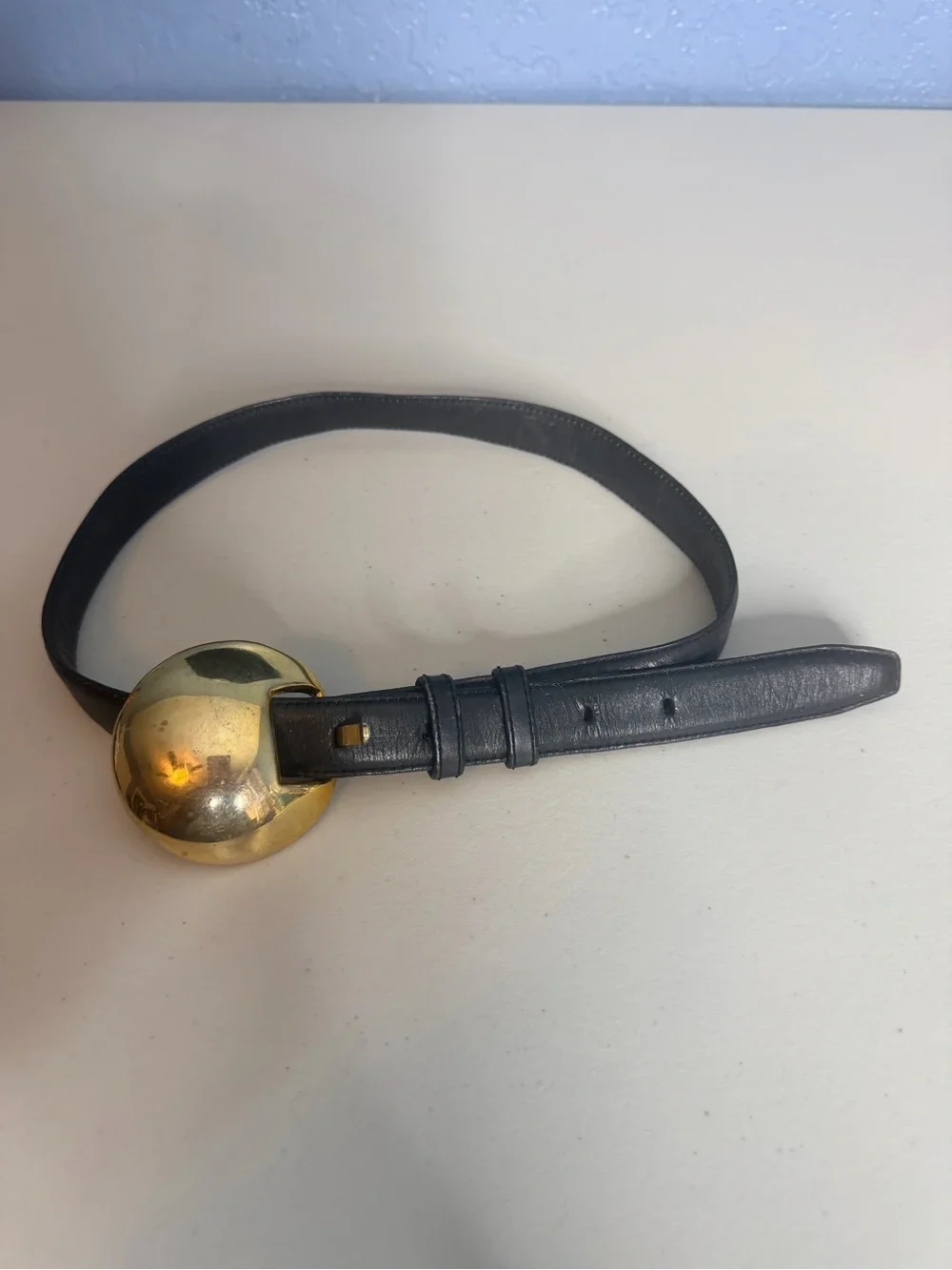 Ilana goor vintage Small women Black Leather Belt with Gold Orb Pendant
